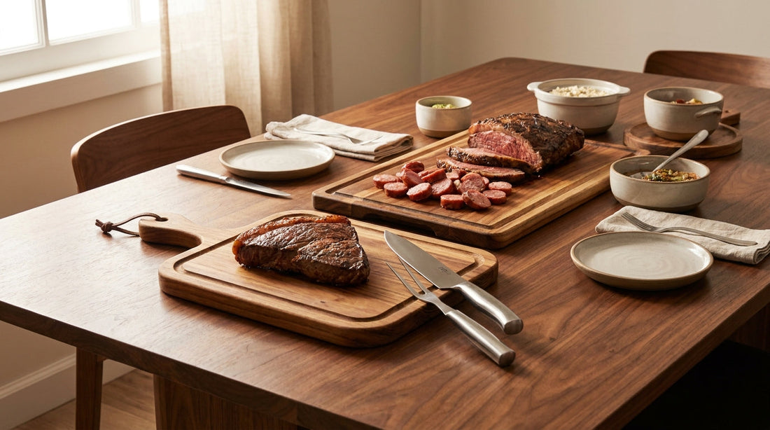 Mesa de churrasco refinada com tábuas de madeira, faca em aço inox e peças de servir sobre mesa de nogueira