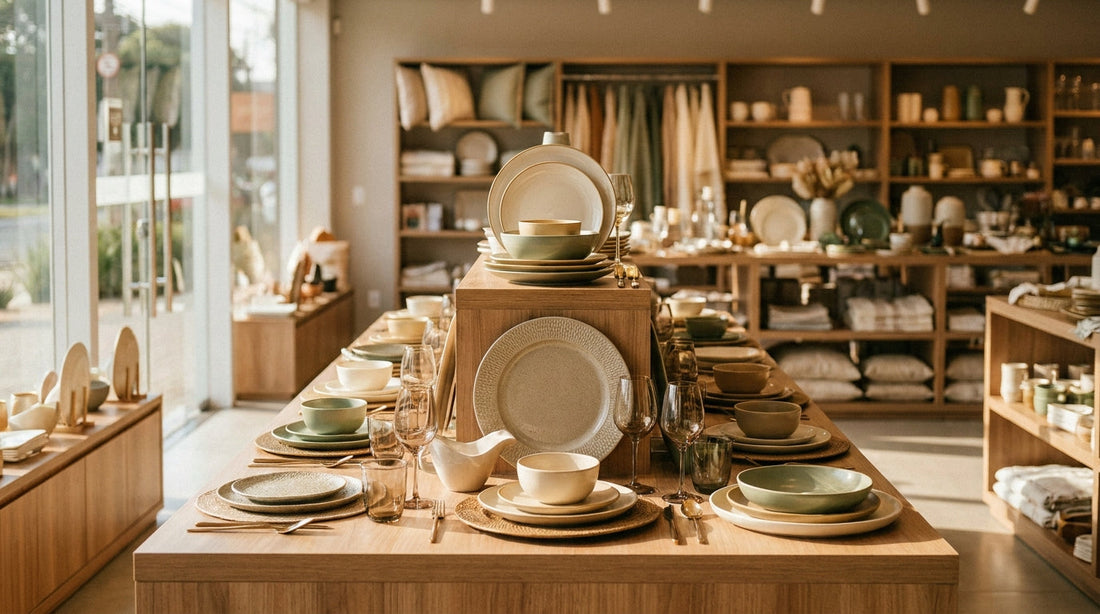 Mesa de valorização com pratos, sousplats e taças em pirâmide visual em loja de Casa e Decoração
