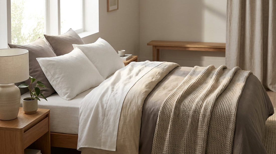 Cama arrumada com roupa de cama de algodão em tons neutros e luz suave