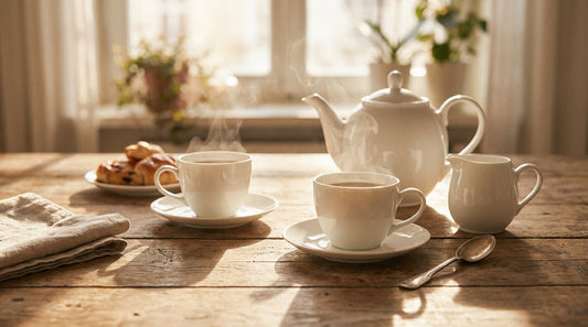 Bule, xícaras e conjunto de café e chá em porcelana sobre mesa de madeira ao sol