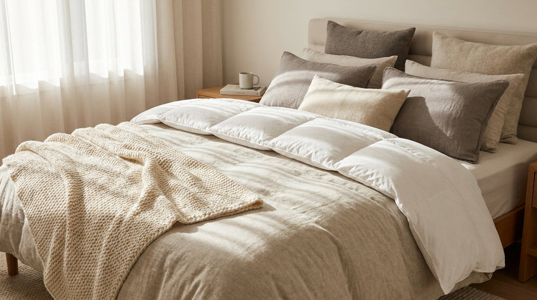 Cama com edredom volumoso e manta de tricô em quarto aconchegante de inverno