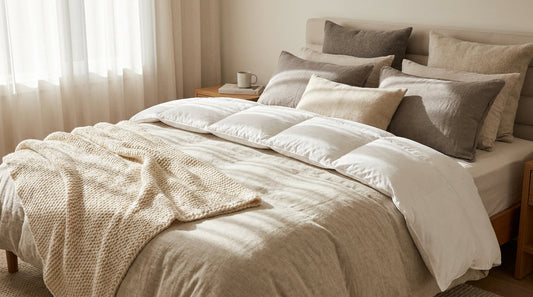 Cama com edredom volumoso e manta de tricô em quarto aconchegante de inverno