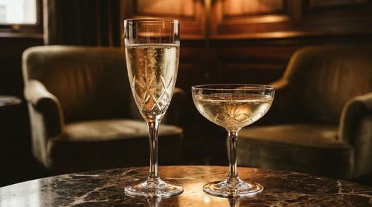 Taça flute e taça coupe de cristal Bohemia lado a lado com espumante