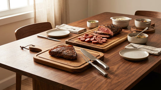 Mesa de churrasco refinada com tábuas de madeira, faca em aço inox e peças de servir sobre mesa de nogueira