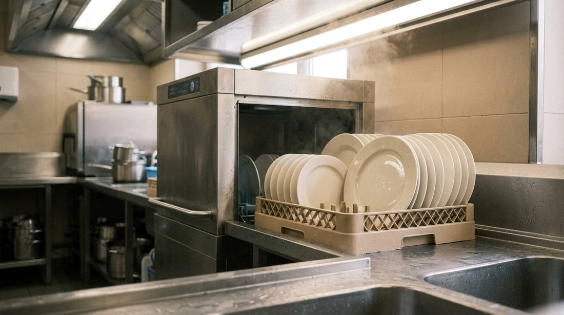 Sousplats e pratos limpos em rack plástico ao lado de lava-louças industrial em cozinha profissional