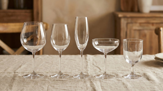 Fileira de taças de cristal Bohemia para vinho, espumante, água e coupe sobre linho